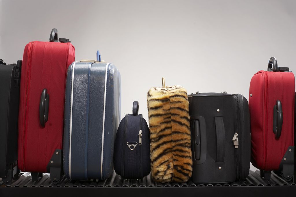 Various suitcases on conveyor belt