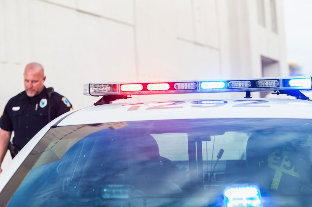 Officer walking back to police car with lights flashing