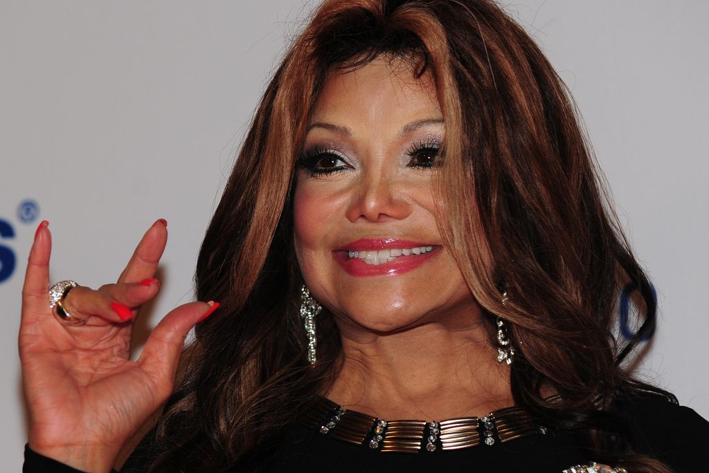 Latoya Jackson poses on arrival for the