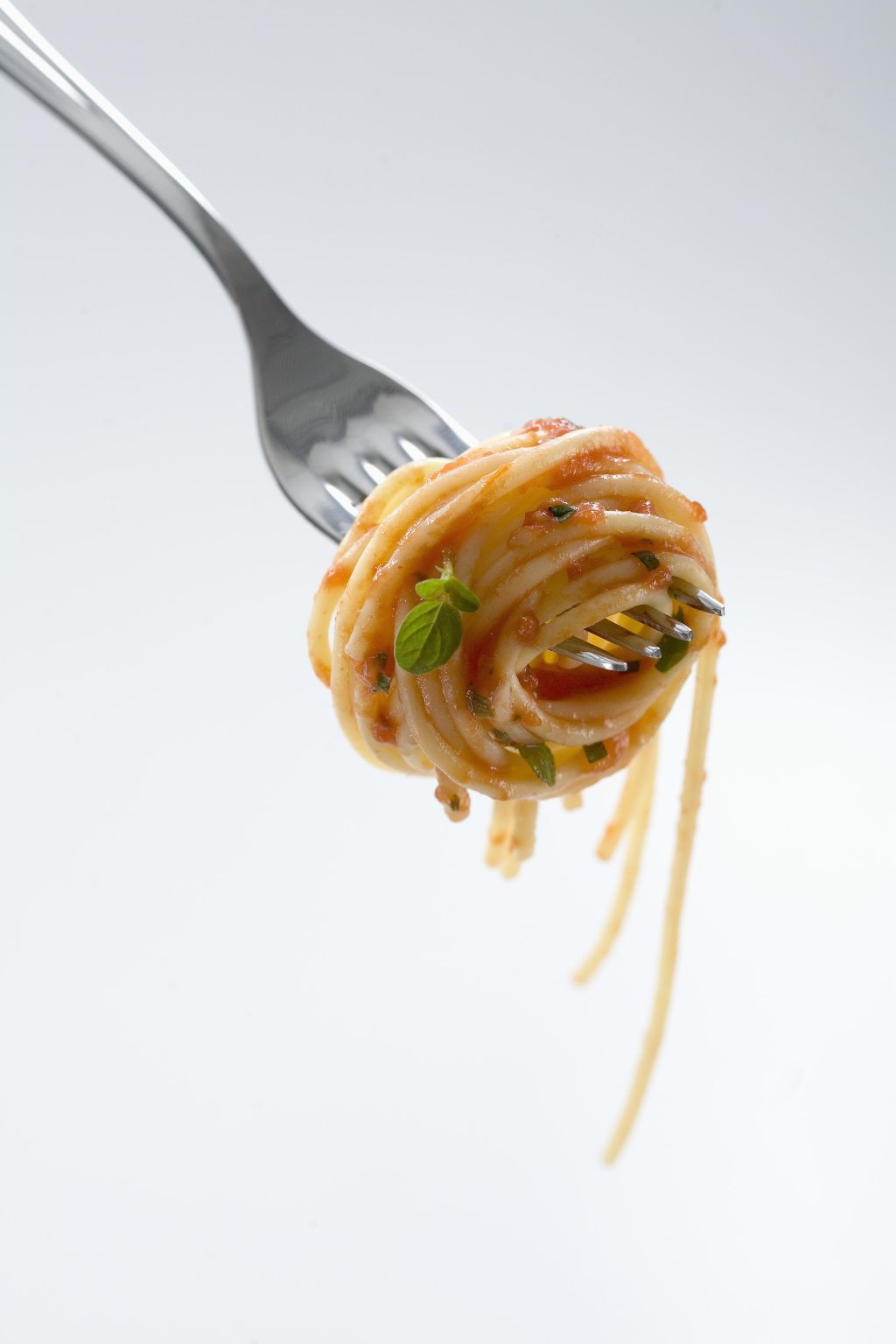 Spaghetti with sauce wound around fork, close-up, studio shot
