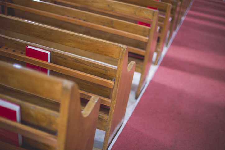 High Angle View Of Pews By Aisle At Church