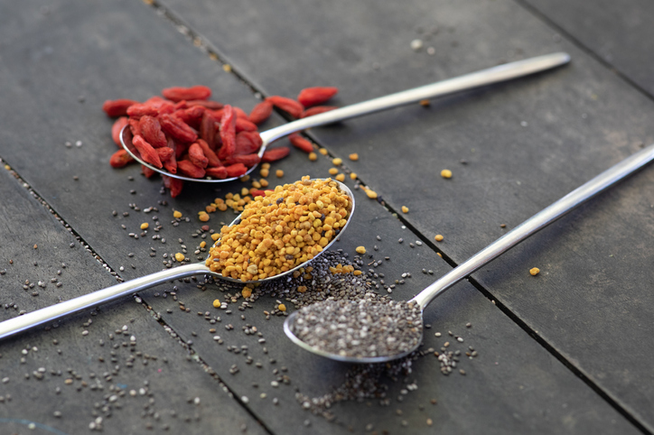 Superfoods chia seeds, hemp hearts seeds and goji berries