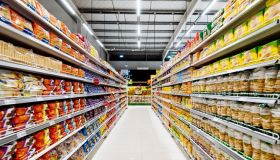 Aisles and shelves in supermarket, empty supermarket during Coronavirus lockdown