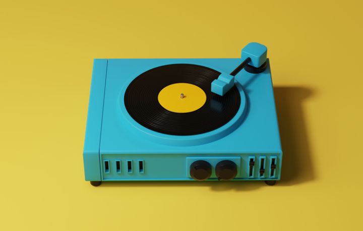 Blue record player on yellow background