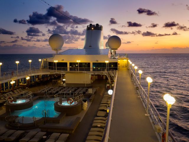 Deserted jogging track of a cruise ship at sunrise as it sails the Mediterranean