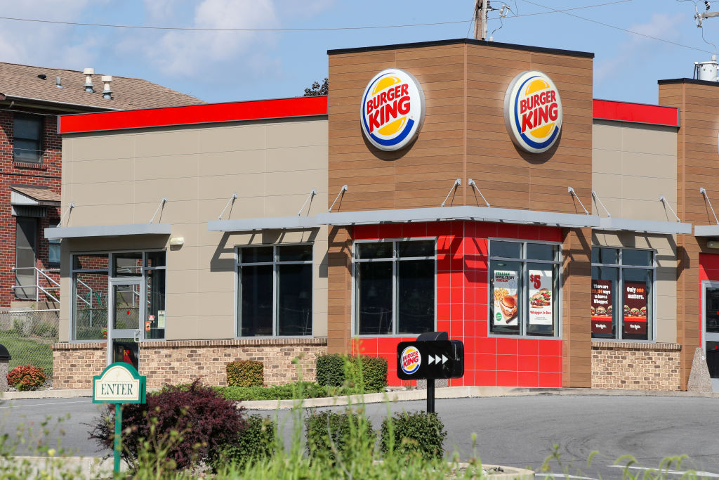 An exterior view of Burger King, a fast food restaurant...