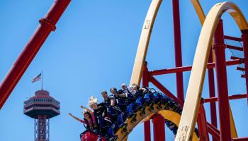 The new Wonder Woman Flight of Courage roller coaster at Six Flags Magic Mountain