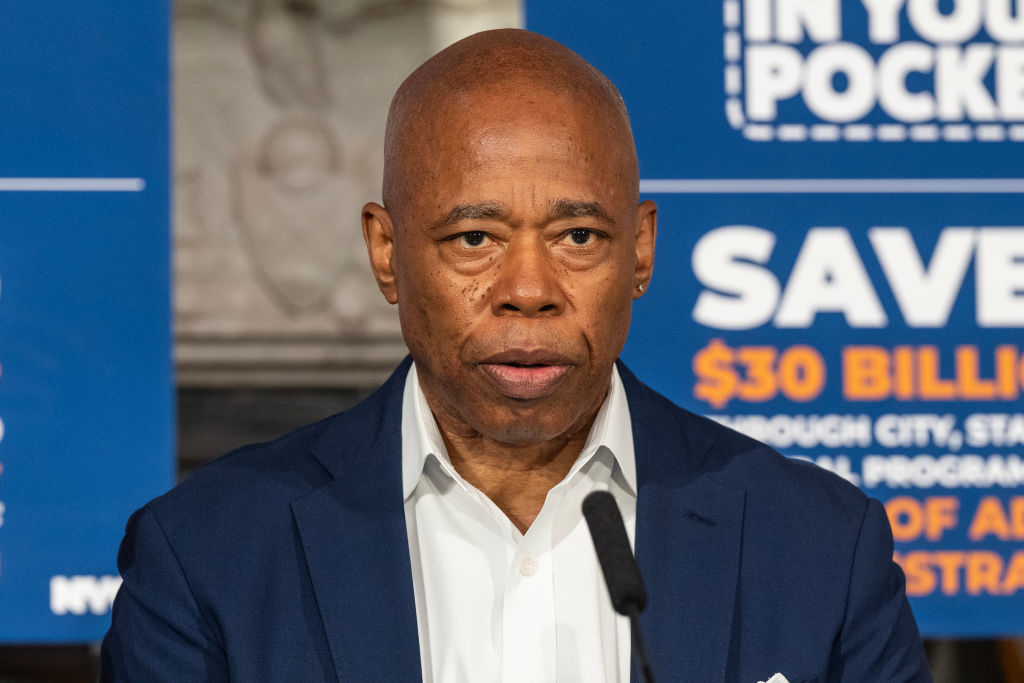 Mayor Eric Adams speaks to the press during the weekly...