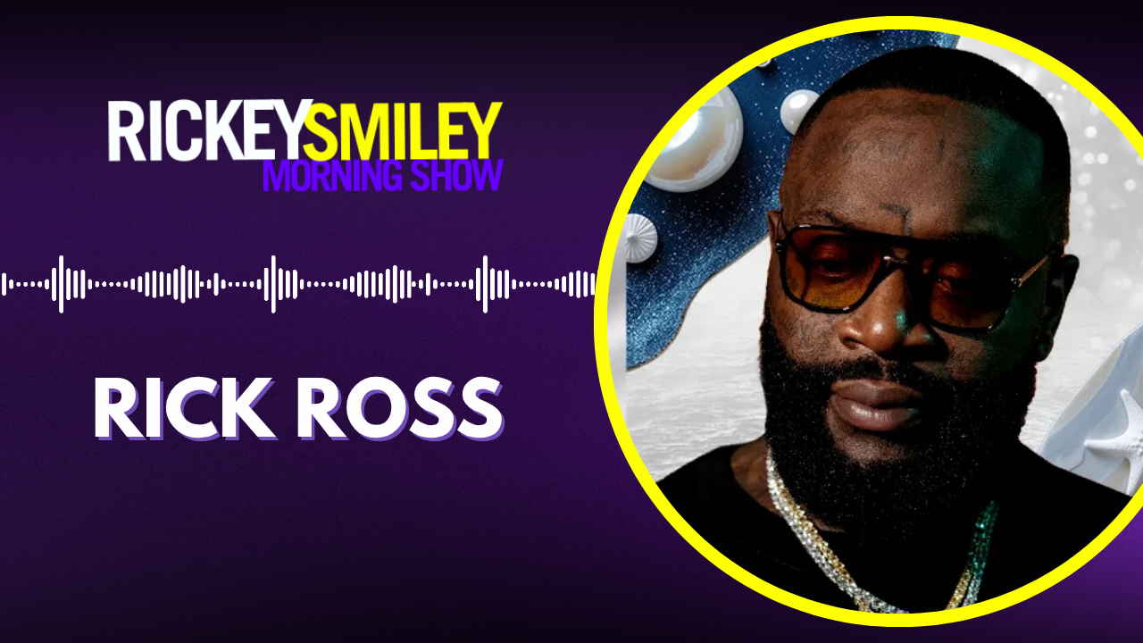 A close-up portrait of a man with a beard wearing sunglasses and jewelry, against a backdrop of stars and planets. The text overlay reads "RICKEY SMILEY MORNING SHOW" and "RICK ROSS".