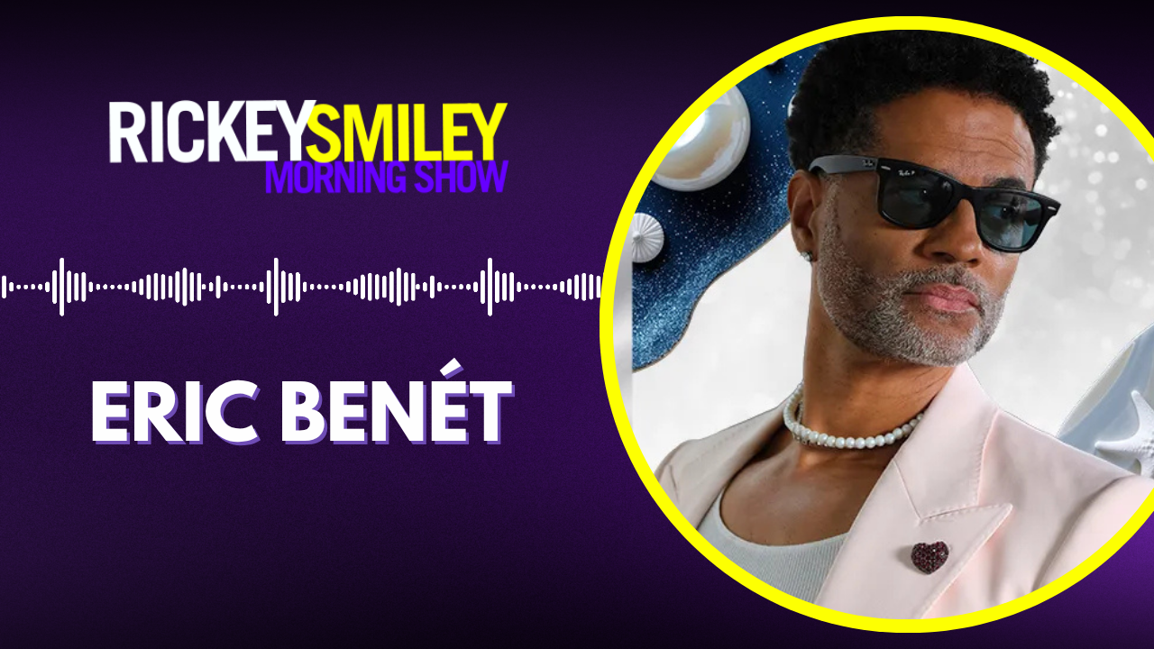 A portrait of a man with sunglasses and a pearl necklace, with the text "RICKEY SMILEY MORNING SHOW" and "ERIC BENET" displayed.