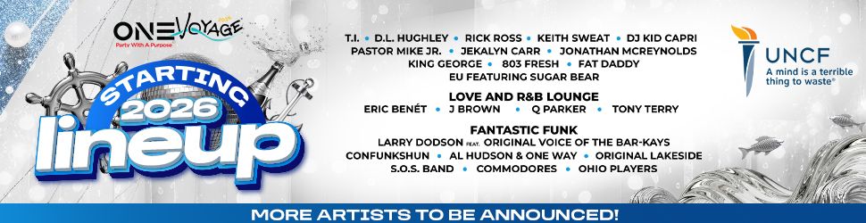 One Voyage music festival poster with lineup of artists performing in 2026 including T.I., D.L. Hughley, Rick Ross, Keith Sweat, DJ Kid Capri, and more.