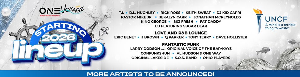 One Voyage music festival poster featuring artist lineup starting in 2026, with logos for UNCF and other sponsors.