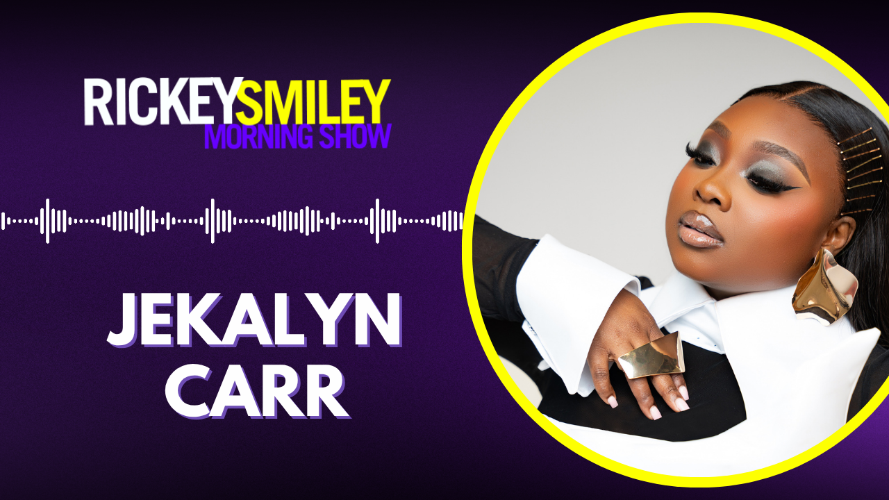 A portrait of a woman with dramatic makeup and jewelry, with the text "RICKEY SMILEY MORNING SHOW" and "JEKALYN CARR" displayed.