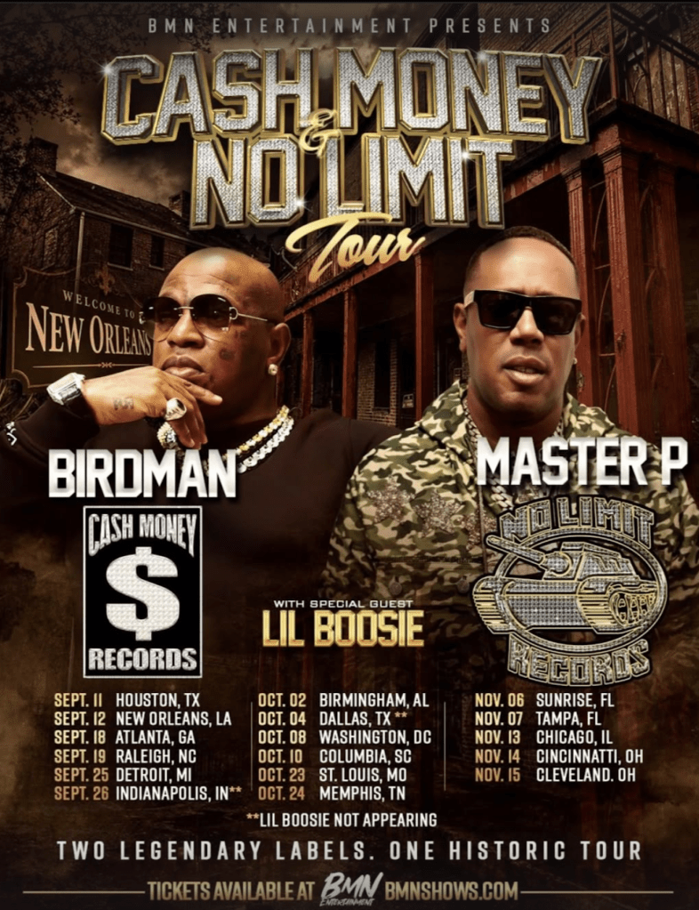 Cash Money & No Limit Tour poster featuring Birdman and Master P, with tour dates and locations.