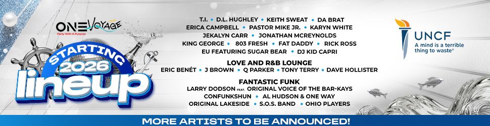 One Voyage music festival lineup poster featuring artists like T.I., D.L. Hughley, Keith Sweat, Da Brat, and more.
