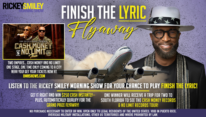 Rickey Smiley promoting "Finish the Lyric Flyaway" contest, with image of him wearing sunglasses and a cowboy hat and an airplane in the background.